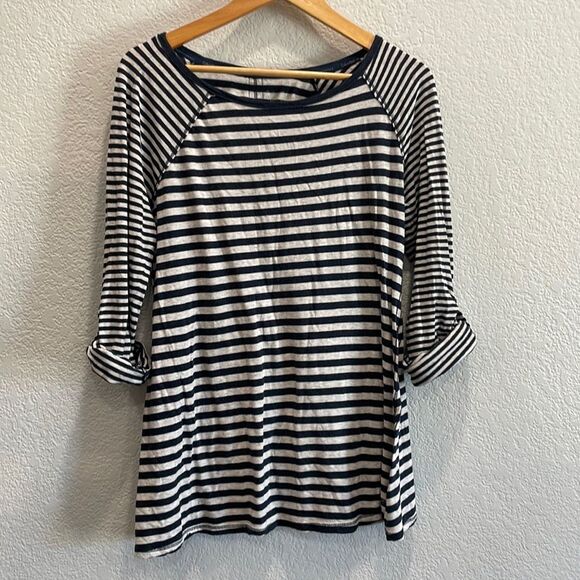 Calvin Klein Navy & Gray Stripe Roll Tab Sleeve Top Size Medium - Picture 1 of 7